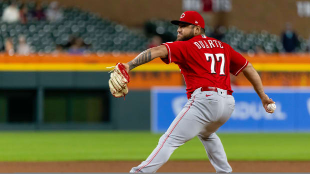Sep 13, 2023; Detroit, Michigan, USA; Cincinnati Reds relief pitcher Daniel Duarte (77) throws in the eighth inning against the Detroit Tigers at Comerica Park.